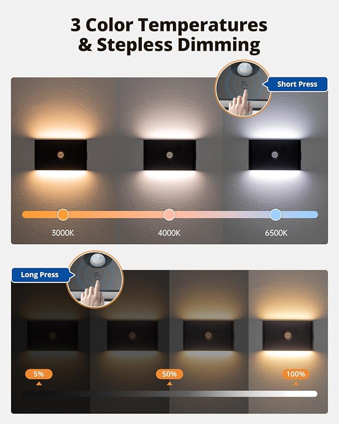 wowatt Rechargeable Motion Sensor Stair Light, Black Night Lights with Magnetic Mount, Dimmable Step Lights Indoor for Stairway, Hallway, Kitchen, Bathroom(8 Packs)