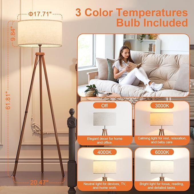 LiteHistory Wood Tripod Floor Lamps for Living Room, Bedroom, and Office,Standing lamp with Beige Linen Shade, 12W Three-Color Bulb Included, Pull Chain Switch, Tall lamp for Mothers Day Gifts, Brown