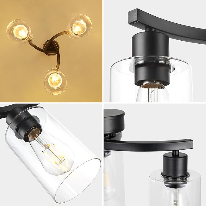 3-Light Modern Farmhouse Chandelier for Dining Room Light Fixtures，16.5" Black Kitchen Island Pendant Lighting, Adjustable Hanging Light for Dining Room with Clear Glass Shades
