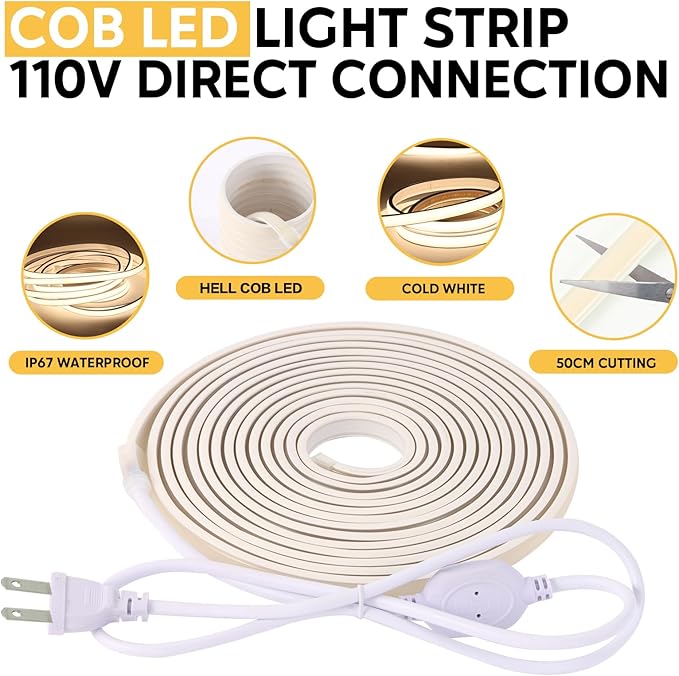 AC 120V LED Strip Lights 10M 32.8ft Warm White, IP67 Waterproof LED Light Strip Dimmable Strips Rope Lights for Kitchen Cabinets Indoor Use, Hardwired Installation (White, 32.8ft)