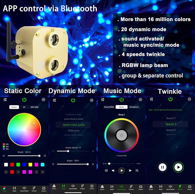 AZIMOM Twinkle Dual Port 20W Fiber Optic Star Ceiling Light Kits 600pcs 0.03in 9.8ft Fiber Strands Sound Activated APP Bluetooth Remote Control Home Indoor Car Starlight Headliner Ceiling Décor