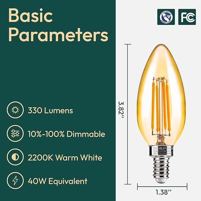 ALAMPEVER Chandelier Light Bulbs, 40W Equivalent Candelabra Bulb, 4W E12 LED Bulb 2200K Warm White, 330 LM, Candle Light Bulbs 6 Pack