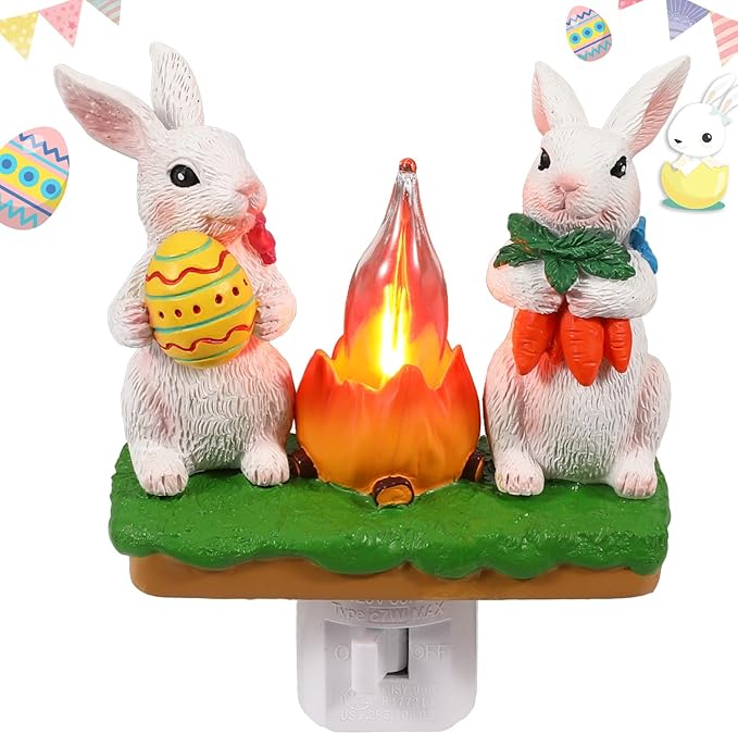 Bunny Campfire Flickering Nightlight, Easter Night Light Plug Into Wall with Switch, Rabbit LED Lamp for Spring Hallway Stair Bedroom Decoration