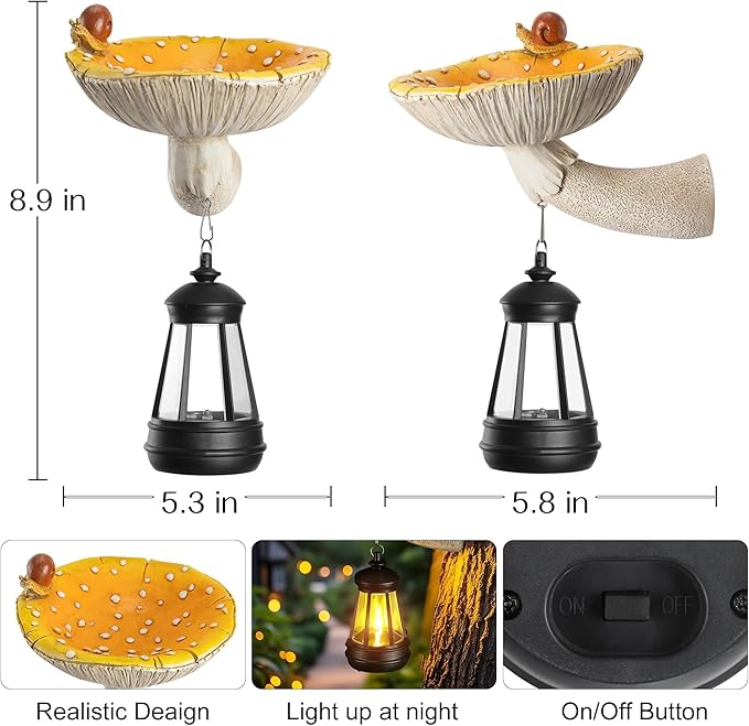 Mushroom with Snail and Lantern Cute Solar Statue Light Garden Decoration Resin Decoration Painted Design Craft Ornament for Indoor Outdoor Gift(Yellow)