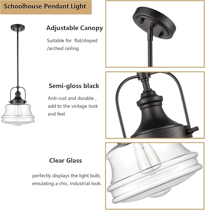 Industrial Black Pendant Light Milk White Glass Schoolhouse Hanging Light Fixture, E26 Dimmable Light for Kitchen Bar Dining Bathroom Bedroom