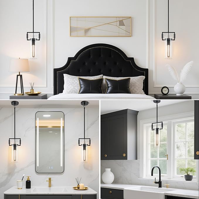 Modern Black Kitchen Island Pendant Lights,Knurled 12'' Glass Island Pendant Light,Farmhouses Pendant Light, for Kitchen,Dining Room,Bathroom,Bulb Included