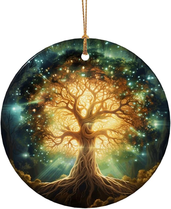 Glowing Tree of Life Christmas Ornaments, Christmas Decorations Xmas Tree Hanging Ornaments, Round Ceramic Festive Keepsake Gift for Xmas Decorations Holiday Home Decor