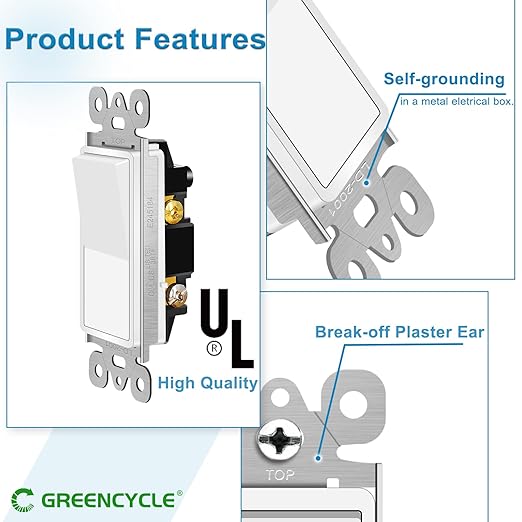 Greencycle Single Pole Rocker Light Switch,Paddle Light Switch 15 Amp,Sp Switches White,120V-277V AC,On/Off Wall Switches, Residential/Commercial Grade,Home & Office,UL/CUL,2PK