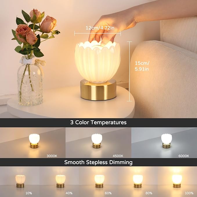 Cordless Small Table Lamp with 5200mAh Battery & Touch Control, Battery Operated Tulip Table Lamp with 3 Colors, Rechargeable Mini Table Lamps for Bedsides, Bedroom, Nightstand (White)