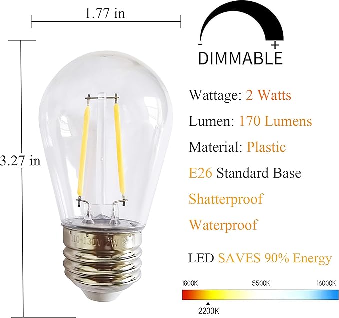 Rolay S14 Clear String Light Bulbs, 2W Plastic LED Replacement Bulbs for Outdoor Patio String Lights with E26 Base, Pack of 25