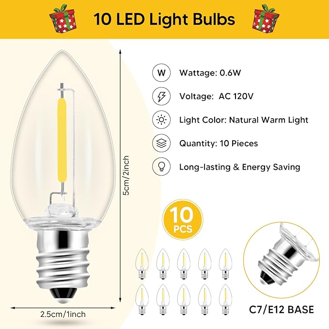 1Pack Accessory Cord with 10 LED Light Bulbs and Outlet - 17.7FT White Cord, Warm White C7 Lamp for Halloween and Christmas Village Accessories