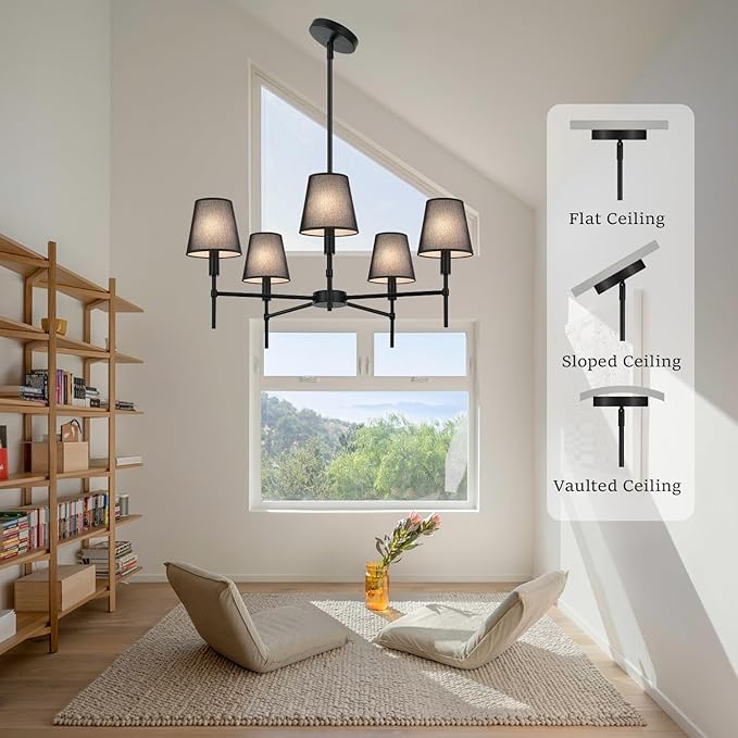 5 Pack Black Chandelier Shades, 4" Top x 6" Bottom x 6" High Barrel Lamp Shade, 4.0x6.0x6.0 Inch Linen Fabric, Perfect Fit for 5-Light Pendant Light Wall Sconce, Clip On Bulb E12 Socket(Large Size)