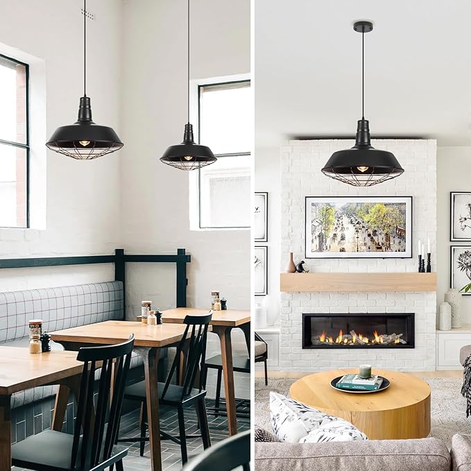 Black Farmhouse Pendant Light, 18.1 Inch Large Pendant Lights Kitchen Island, Industrial Pendant Light with Wire Cage, Barn Light 2 Pack, Island Pendant Lights for Kitchen Barn Dining Room