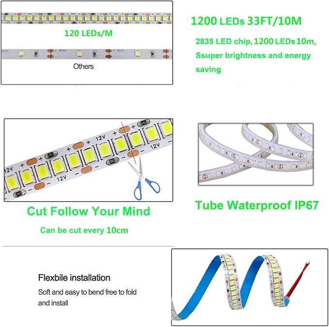 SUYOOULIN LED Strip Lights, 30000LM AC110V/120V 33ft/10m SMD 2835 1200 LEDs Light Strips, High Voltage Flexible Tube Waterproof IP67 LED Ribbon for Home Kitchen Decor(Warm White 3000K)