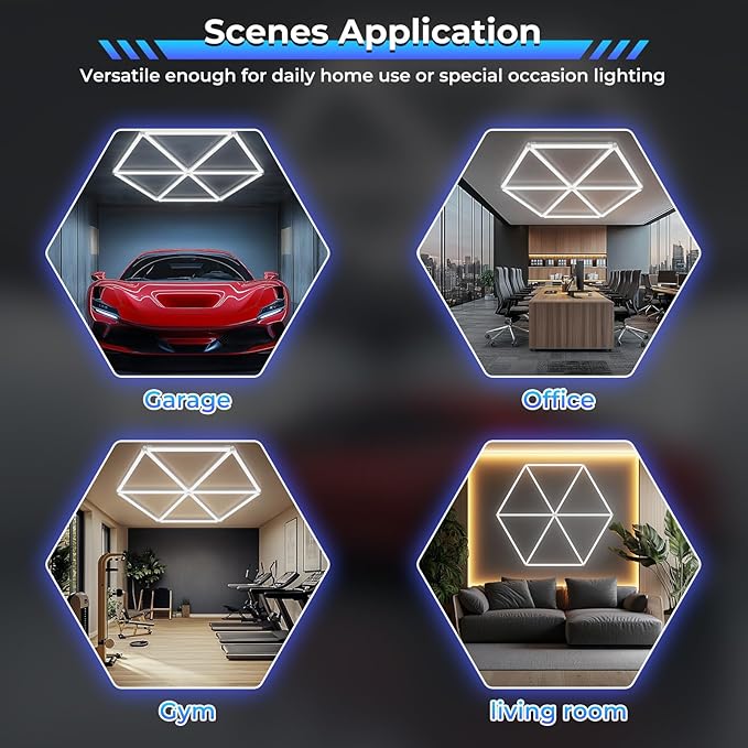 Led Garage Light-54W, 6500K 5940LM Garage Hexagon Shop Lights for Car Detailing, Workshop, Basement, Gym, Barber