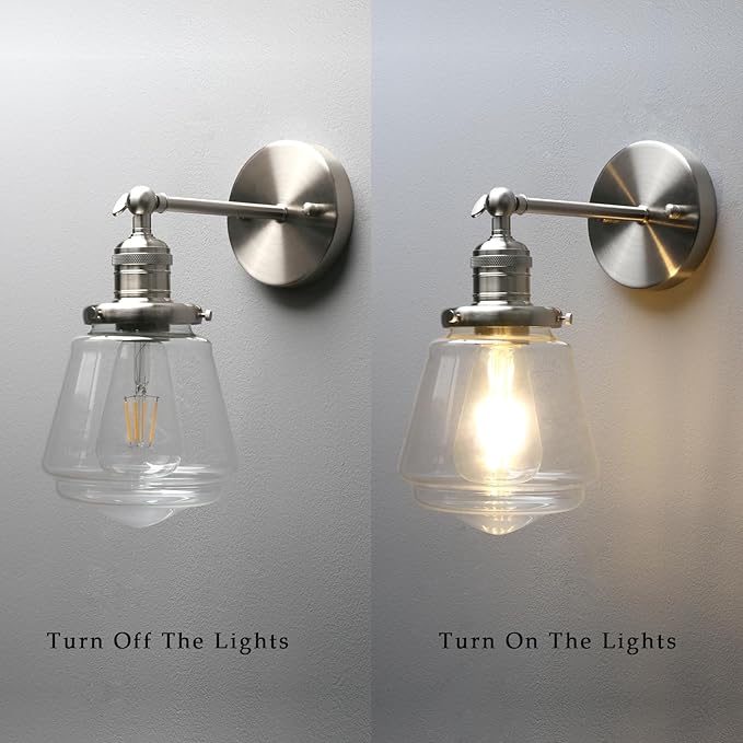Phansthy Wall Sconces Light Fixture Industrial Wall Lamp, 180 Degree Adjustable Bathroom Vanity Light, Wall Light with Glass Shade Wall Decorative Lighting for Kitchen Living Room Hallway (Brushed)