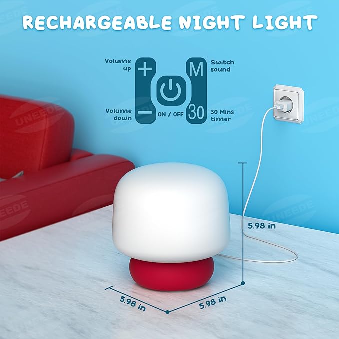 UNEEDE Mushroom Lamp for Kids Night Light,13 Sound Effects Toddler Night Light as Cute Mushroom Decor, Squishy Nursery Mushroom Night Light with Timer,Christmas Birthday White Elephant Gifts