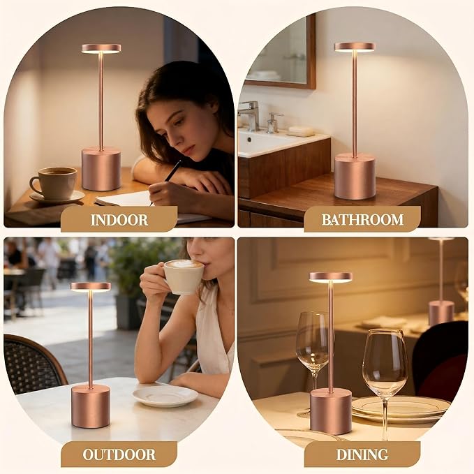 Rechargeable Table Lamp –Outdoor Touch Cordless Desk Lamps, 5000mAh Battery Operated Lamp with 3-Color Dimmable Light, Portable LED Lamp for Bedroom, Dining Room, Patio, Outdoor (Rose Gold)