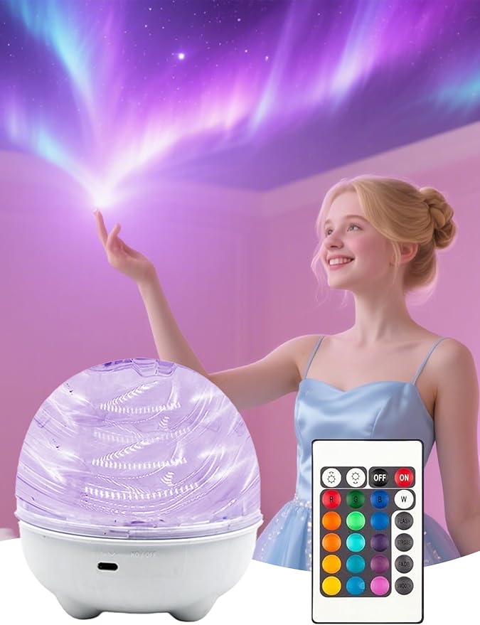 Aurora Light Projector, 2400mah Galaxy Projector for Bedroom, 16 Light Color Aurora Night Light with Touch & Remote, Dimmable Mood Lighting Ocean Lamp for Playroom Kids Teen Girl Gift