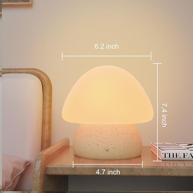 Mushroom Lamp, Cute Cordless Rechargeable Table Lamp with Glass Shade, 3 Color Temps LED Dimmable Ambient Lighting, Small Retro Touch Bedside Light for Decor, Resin Base.
