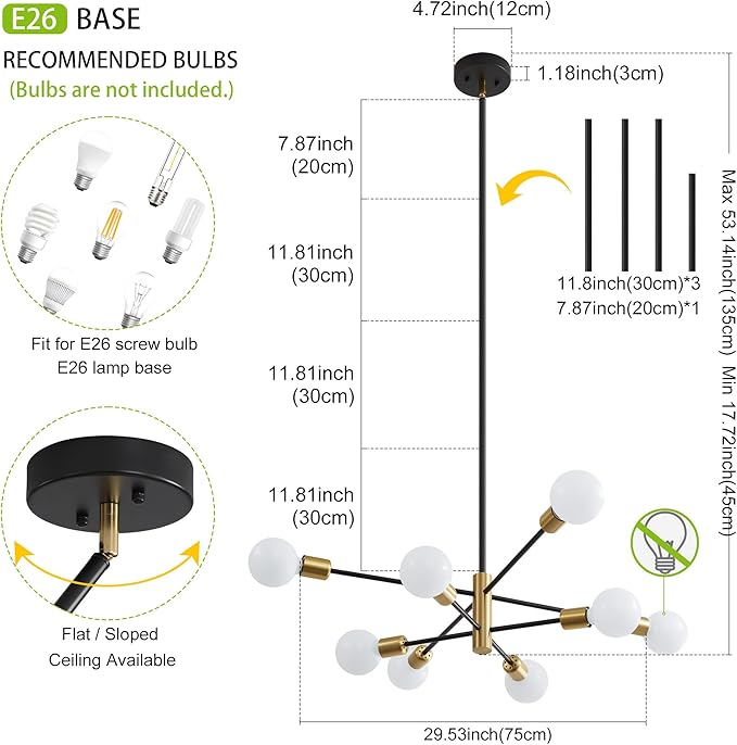 Sputnik Chandelier Mid Century Modern Industrial E26 Pendant Lighting Chandeliers Ceiling Light Fixture Black and Gold Light for Living Room,Kitchen,Bedroom,Dining Room and Farmhouse