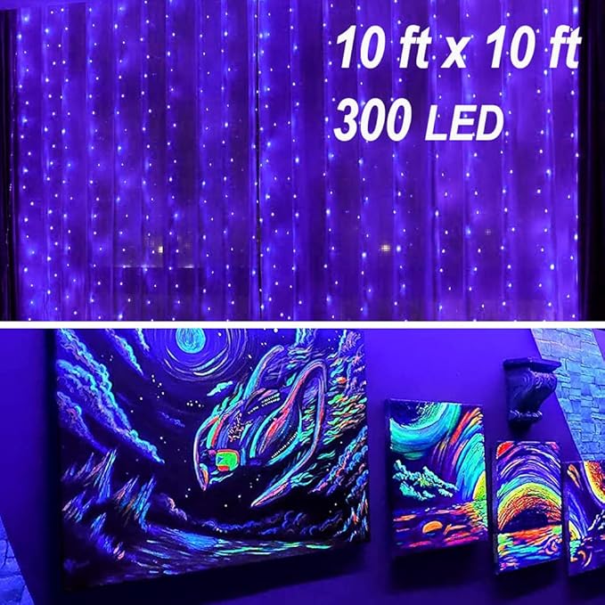 Solhice Black Light Curtain String Lights for Glow Party 10ft x10ft 306 LEDs, Blacklight with Remote Control for Halloween Bedroom Birthday Fluorescent Party Indoor Décor