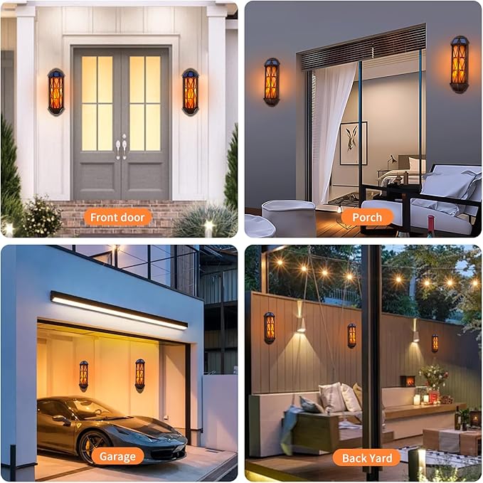 Solar Flame Wall Sconce Lights Outdoor, 74 LED Flickering Flame Sconces, Solar Powered Auto On/Off, Waterproof Wall Lanterns for House Garage Doorway Garden Porch Patio Yard Decoration (2 Pack)