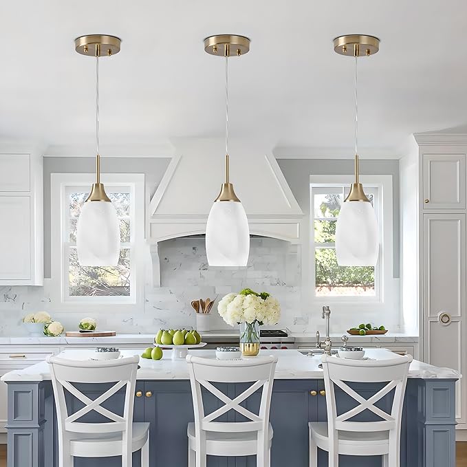 Mini Glass Pendant Light 3-Pack Handblown Art White Swirl Oval Hanging Pendant Lamp 4.72" Glass Chandelier for Kitchen Island Dining Room Living Foyer Hallway Entry Brushed Gold Finish