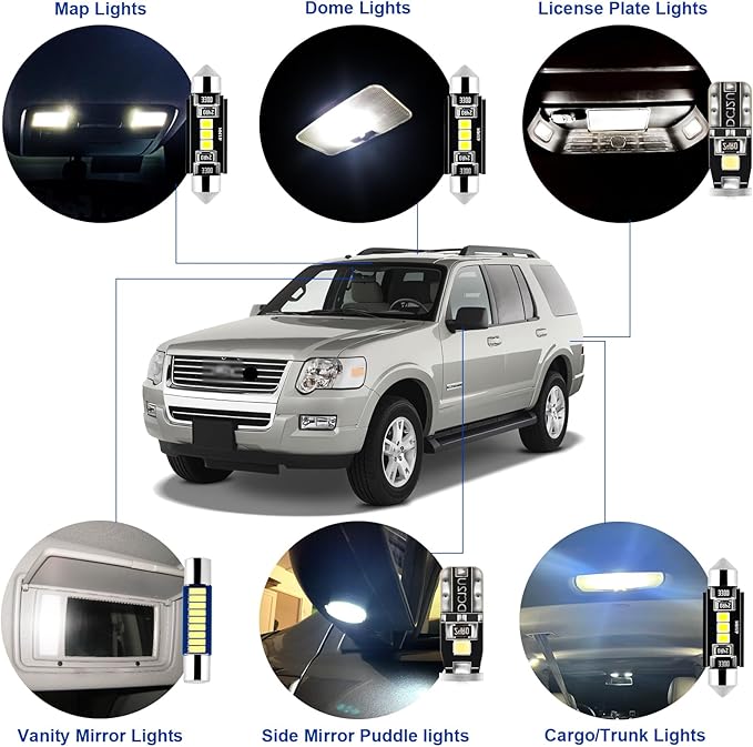 EASY EAGLE LED Interior Car Lights for Ford-Explorer-2002-2010: 12 Piece Kit White LED Light Bulbs - Super Bright 6000K + Install Tool