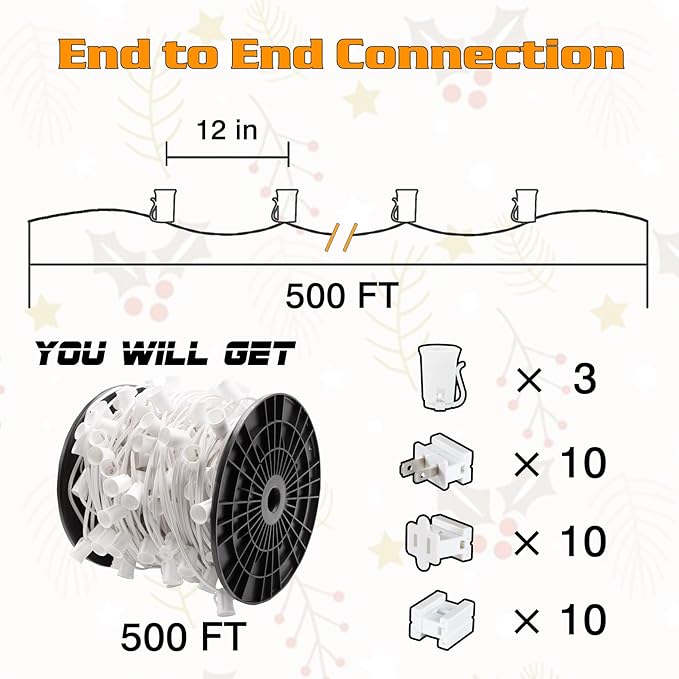 500FT C9 Light String, E17 Socket 12" Spacing, C9 Christmas Stringer Outdoor Black Stringer for Wedding Patio Event Lighting Decor, White Wire