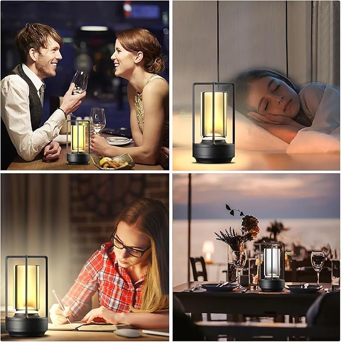 Cordless Table lamp Rechargeable Portable Metal Touch Small Desk Lamp,Indoor/Outdoor Battery Operated LED Night Light,3Color Stepless Dimming Crystal Lantern Suitable bedrooms,Bars,cafes,Camping,Black