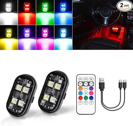 LECART Wireless LED Strobe Lights with Remote Control, 8 Colors USB Rechargeable Waterproof Anti-Collision Warning Lights for Car, Motorcycle, Bike (2 Pcs)