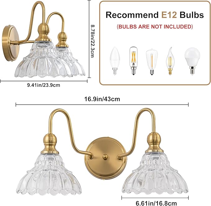 Vintage Bathroom Light Fixtures Over Mirror, 2-Light Brass Wall Sconce Lighting with Flower Glass Shade, Farmhouse Vanity Lights for Bedroom Kitchen Living Room Hallway Light