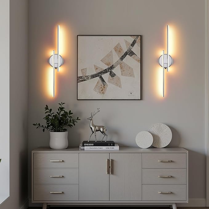Rechargeable Battery Operated Wall Sconce Set Of Two, Chrome Wireless LED Wall Sconces With Remote Control, Dimmable 3 Colors Cordless wall lights for Living Room, bedroom, Hallway, 23.6 Inch ( 2pcs)