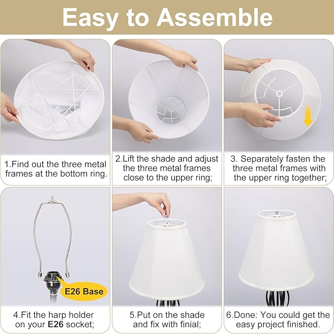 White Lamp Shades Set of 2, Bell Lamp Shades 6"Top x 13"Bottom x 10"High, Medium Shade Replacement Fabric Natural Linen Hand Crafted(Spider Fitter), Harp Holders Included, Easy Assembly Required