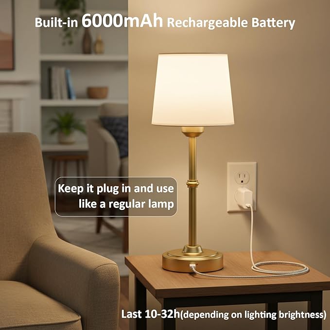 Cordless Table Lamp Rechargeable, Portable Battery Operated Light for Bedroom Living Room, 6000mAh Fabric Shade Desk Lamp 3000K Eye-Caring Home Decor for Dining Balcony Patio Counter Nightstand Hotel