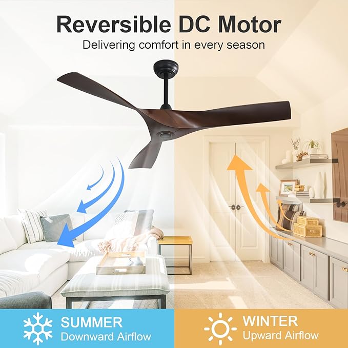 CACI Mall Ceiling Fan No Light, 52 inch Low Profile Flush Mount Modern Ceiling Fan with Remote Control and Reversible DC Motor, for Bedroom Living Room Patio Indoor Outdoor, Brown