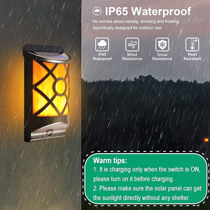 Solar Flame Lights Outdoor - Waterproof Wall Lanterns with Realistic 3D Flickering Flames, 66 Ultra Bright LED Fire Effect Light - Garden Decor for Patio, Fence, Deck - Auto On/Off (4 Pack)