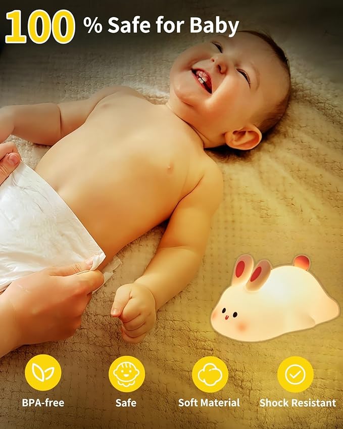 Big Face Rabbit Silicone Night Light, Squishy Bunny Lamp with Touch Control, 30-Min Timer, Rechargeable Kids Night Light for Bedroom Nursery, [Easter Gifts]