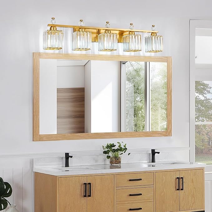 Vanity Lights 5-Light Modern Crystal Vanity Light Gold Bathroom Light Fixtures Over Mirror Crystal Bathroom Vanity Lighting Fixtures