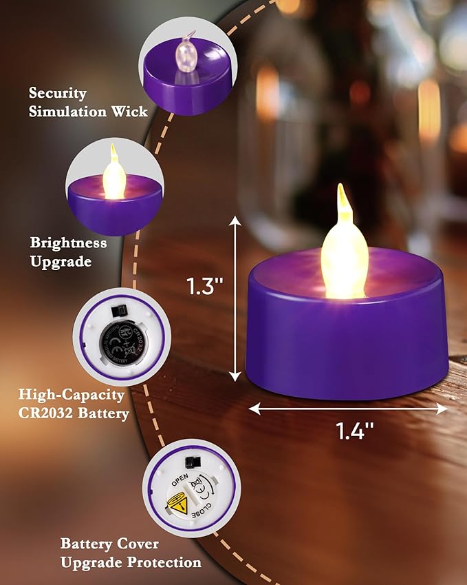 Purple LED Candles, 24 Pack Tea Lights Candles Battery Operated, Flameless Tealight Candle, Realistic Tea Lights for Halloween Christmas Party Decor Mardi Gras