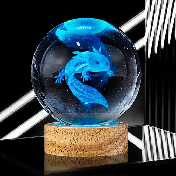 3D Axolotl Crystal Ball Night Light with 16 Color LED Wooden Base, Upgraded 3.15 Inch Axolotl Glass Ball Lamp with Remote Control Cool Desk Decor Gifts for Kids Girls Boys Friends Fans