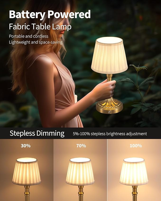 KDG Cordless Portables Table Lamp, LED Fabric Shade Small Desk Lamps, 4000mAh Battery Powered Lighting, 2700K Stepless Dimmable Light for Living Room, Dining Room, Bedroom, Bedside (Gold)
