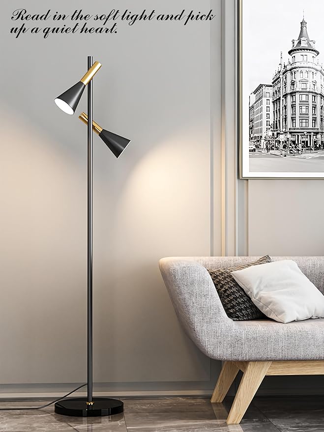 Modern Floor Lamp with 2 Adjustable Head Tall Pole Uplight for Living Room, Bedroom, Office,Gold and Black Corner Light for Reading (Black and Gold)