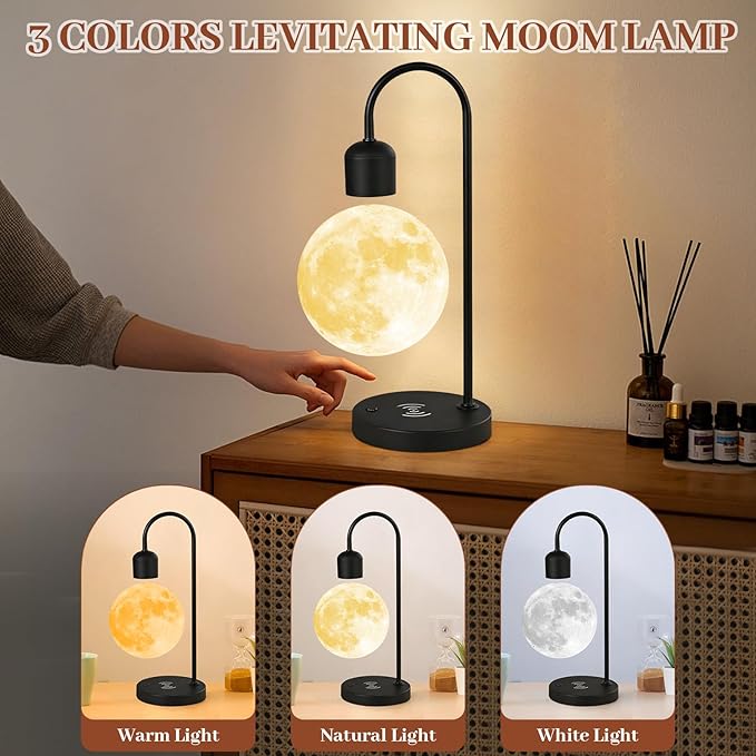 Floating Moon Lamp with 3 Color LED Lights, Magnetic Levitating Moon Ball & Wireless Phone Charger Elegant Home Office Decor Ideal Unique Gift with Cool Mesmerizing Night Display