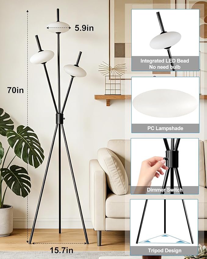 Lightdot Tripod Floor Lamp Stepless Dimmable Black Standing Tall Lamps with 3PCS Elliptical Lampshades Mid Century Modern Floor Lamps for Living Room/Bedroom/Sofa Beside/Corner Decor