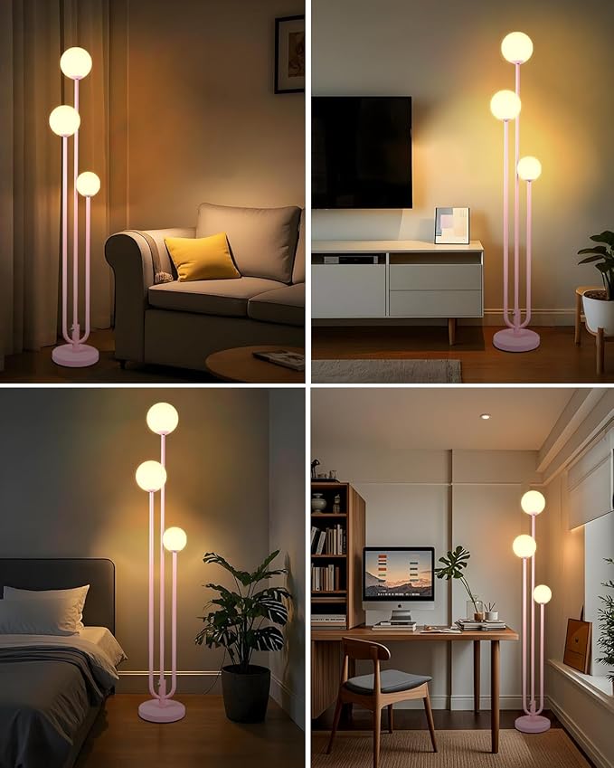 Lightdot 63IN Pink Floor Lamp Mid Century Modern Floor Lamp with 3 Globe 3000K Bulbs Included, 3 Lights U-Style Standing Lamp for Wedding Party/Living Room/Bedroom/Sofa Beside/Corner Decor