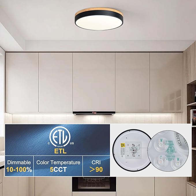 Dimmable Wood LED Flush Mount Ceiling Light, 5CCT 2700K-6000K Modern Black Close to Ceiling Lighting Fixtures, Minimalist Round Ceiling Lamp for Living Room, Bedroom, Laundry Room