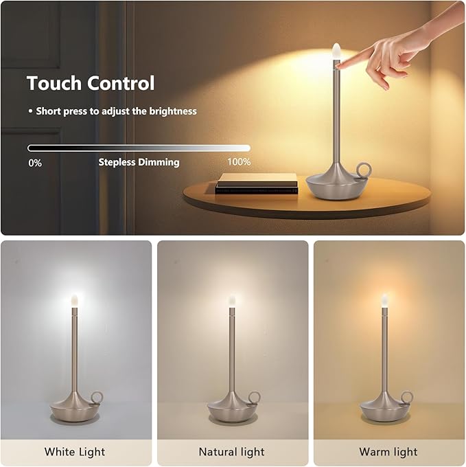 ModernPortable Table Lamp CordlessLED Desk Lamps, 3 Colors Stepless Dimming Rechargeable Battery Operated Lighting for Bedroom Dining Room Restaurant Coffee Shop Camping Night Light (Silver)