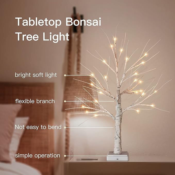 Woohaha Birch Tree Easter Decorations Indoor for Home,2ft 24LED Warm White Light Up Birch Tree，Battery&USB Tabletop Timer Artificial Mini Christmas Tree with Lights for Holiday Party Wedding